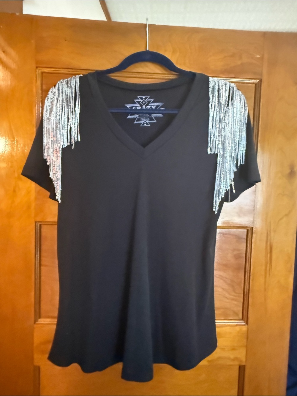 Crazy Train Black V-Neck Tee with Silver Fringe Shoulders